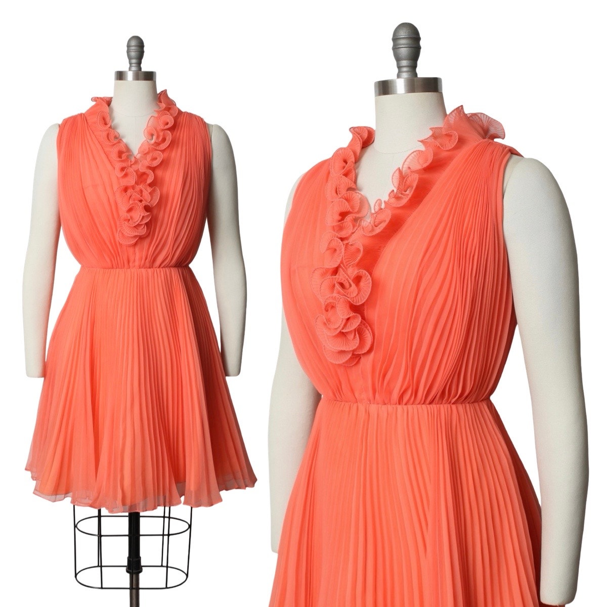 Vintage 1960s Party Dress 60s Orange Peach Chiffon Ruffled Pleated Retro